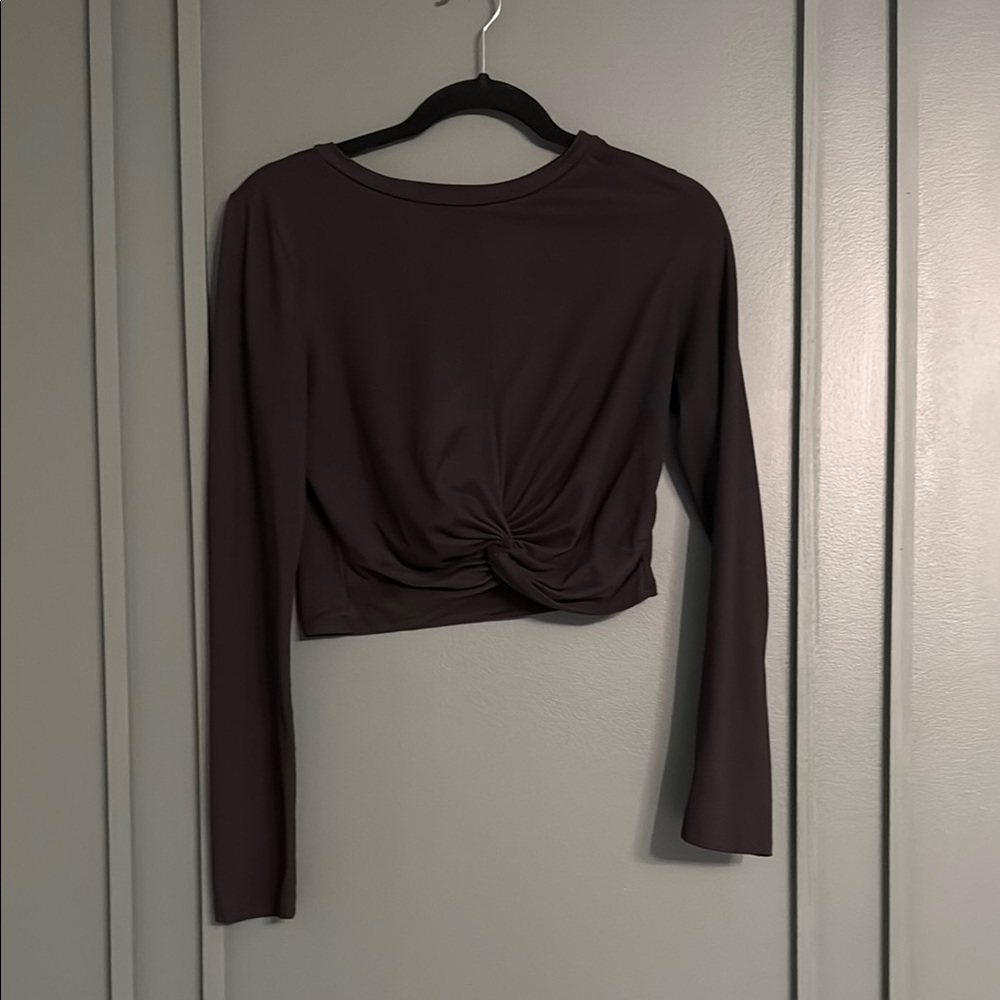 Gray Long Sleeve Crop Blouse with Tie Front